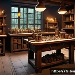 블레이드소울 레볼루션 전설 등급 아이템 제작 - A detailed fantasy crafting workshop interior filled with rare materials like glowing mystical essen...