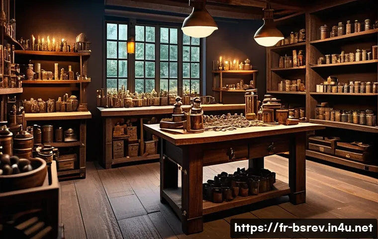 블레이드소울 레볼루션 전설 등급 아이템 제작 - A detailed fantasy crafting workshop interior filled with rare materials like glowing mystical essen...