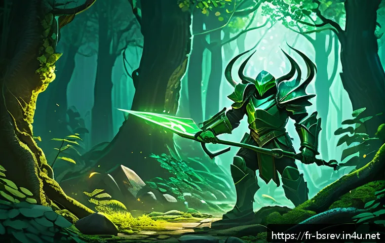 블레이드소울 레볼루션 강화석 파밍 위치 - A vibrant fantasy forest scene depicting the Emerald Forest dungeon filled with dense clusters of mi...