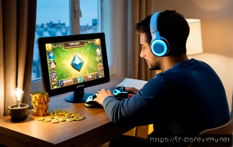 Home 17 블레이드소울 레볼루션 월드 보스 드랍 아이템 - Photorealistic French gaming enthusiast at a clean modern desk in a Paris apartment, studying a fant...