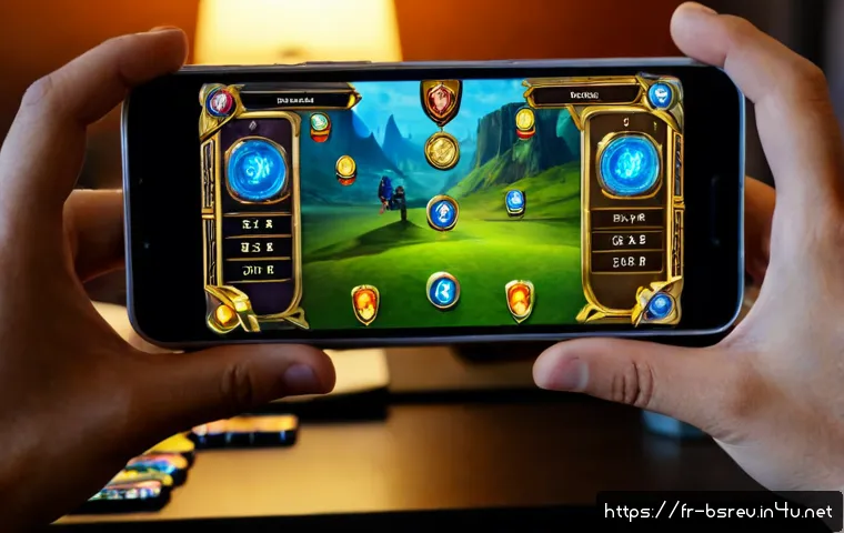 블레이드소울 레볼루션 계급 시스템 설명 - Photorealistic gaming desk scene showing a French adult player viewing a fantasy mobile RPG rank pro...